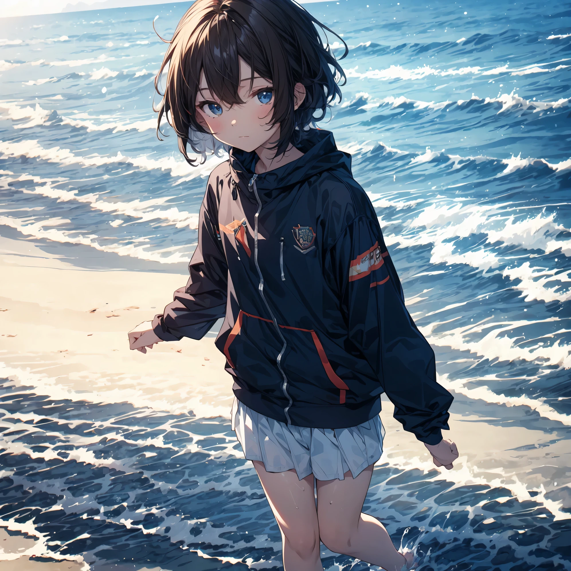 Super high quality by the art god, super detailed, High resolution, gwai's style, anime moe art style, best anime 8K konachan wallpaper, pixiv contest winner, perfect anatomy, break,(Please draw a girl in a swimsuit walking alone on a summer sandy beach.. ),break, surreal high school girl, (alone,change,child,13 years old:1.3),All limbs, full finger,(((dark brown skin))),Middle school students, androgynous charm, (very, very short hair), Wet hair, flat and soft chest, small ass, between legs, small eyes,beautiful and fine eyes, Well-proportioned iris and pupils, disgusted eyes, High resolutionの詳細な髪, Wet,wearing a swimsuit, on the beach. break,super dense skin, Best lighting by famous artists, 8K, figure,