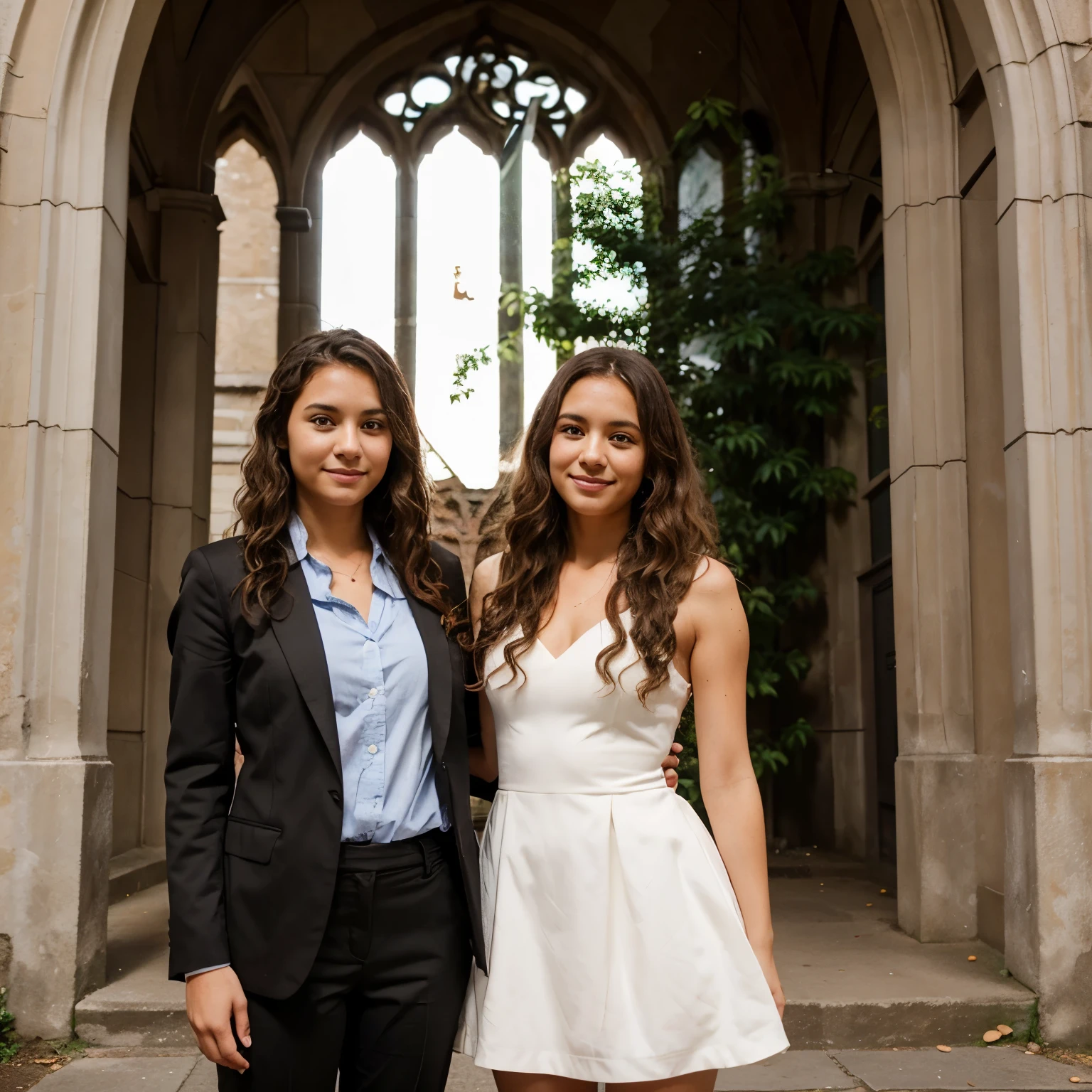Imagine me and my girlfriend in a photo facing a camera at a wedding outside a church. My wife is shorter than me, her skin color is brown, and her hair is curly.