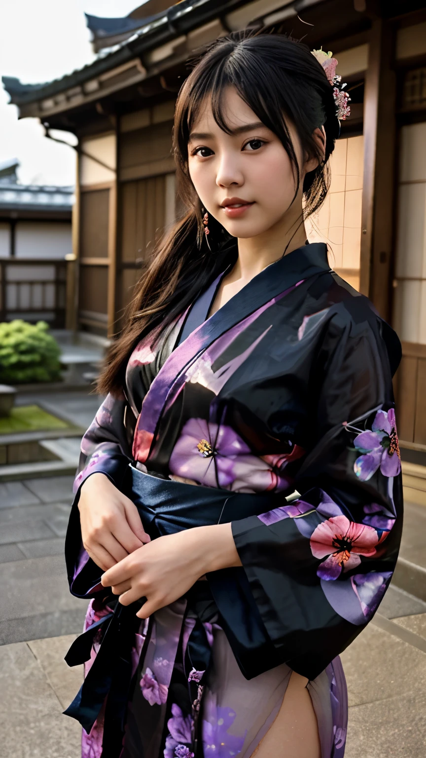 NSFW、最high quality、high quality、best image quality、8K、最High resolution、High resolution、最high quality、masterpiece、RAW photo、realistic atmosphere、(detailed face)、(fine hands、thumb１reference４)、(beauty of japan )、very nice face、cute face、((beautiful japanese girl))、(japanese woman), ((18 year old beautiful girl))、(glossy black hair)、(straight long hair)、(ponytail)、whole body、slim style、(shiny skin)、(Fair skin, Glossy skin)、real human skin、realistic human body structure、perfect body， perfect face， perfect hands， perfect fingers， perfect lips， perfect eyes，perfect teeth、perfect background， perfect atmosphere， natural soft light、photon mapping、samurai kimono、maiko kimono、servant、geisha kimono、japanese kimono、japanese traditional、In front of a samurai residence in Japan、((Sheer transparent random color(floral samurai kimono、Hakama with slit))