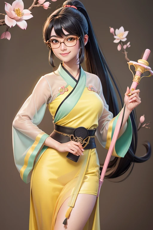 Beautiful girl, black hair in a ponytail, bangs, wearing glasses, smiling brightly, (wearing a see-through hanfu (pastel yellow)), holding a jade staff, holding a peach blossom, anime, high quality
