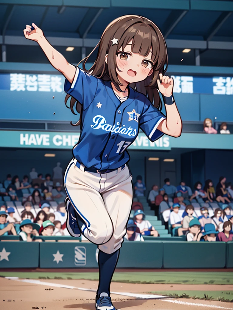 1girl, (solo), ((Blunt bangs)), (dark brown hair), brown eyes, small tits, straight long hair, ((silver-star-hairpin on her right bang)), ((baseball uniform)),(((ピッチャー))), 振りかぶってボールを投げる, ((blue stripe uniform)), Yokohama DeNA Baystars, Left Wing Seats at the baseball stadium, cheering,
masutepiece, Best Quality, 
full body shot, exciting, sweat,
