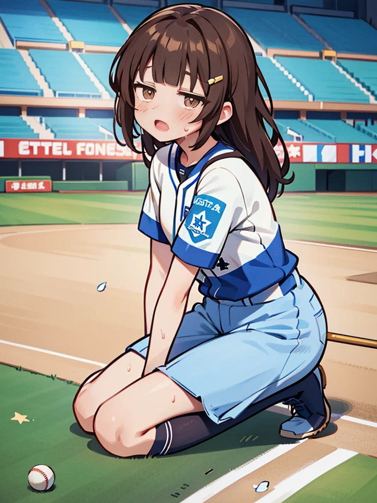 1girl, (solo), ((Blunt bangs)), (dark brown hair), brown eyes, small tits, straight long hair, ((silver-star-hairpin on her right bang)), ((baseball uniform)),(((ピッチャー))), 振りかぶってボールを投げる, ((blue stripe uniform)), Yokohama DeNA Baystars, Left Wing Seats at the baseball stadium, cheering,
masutepiece, Best Quality, 
full body shot, exciting, sweat,
