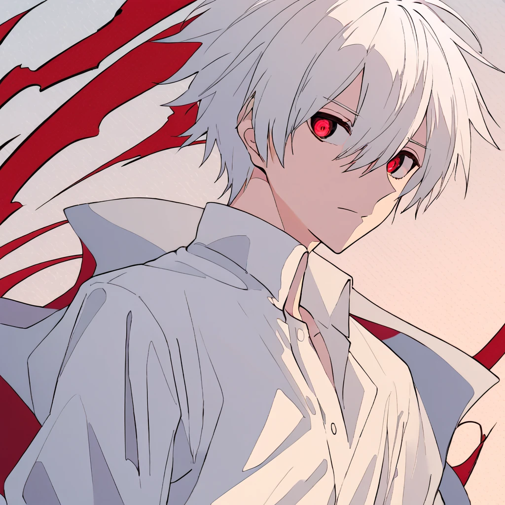 A boy with short white hair, red eyes, pale skin, handsome, attractive, wearing a white loose shirt. ((High quality of Anime)), ((Soft))