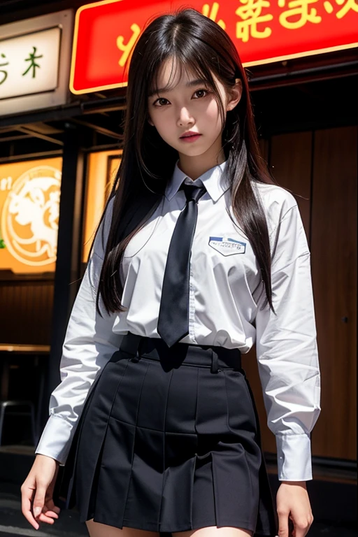 (masterpiece), highest quality, ultra high resolution, close, Because I'm slender, 1 girl,school uniform, long hair, laughter, Laji, night, Background of Tokyo Restaurant, colorful lights, photon mapping, radio city, Physically based rendering, cinematic lighting, Complex, high detail, sharp focus, dramatic, realistic