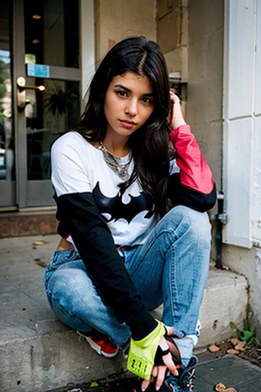 bored latina sits on front steps. she is wearing a batman shirt, jeans, and boots. a cigarette hangs from her lips. Her head is resting on her hands. Her arms are resting on her knees. The girl is in the midground of the shot, zoomed out to show her whole body. 