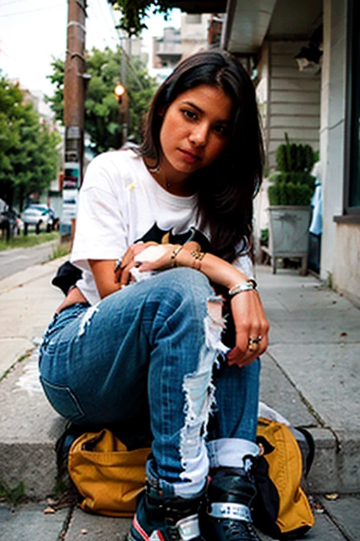 bored latina sits on front steps. she is wearing a batman shirt, jeans, and boots. a cigarette hangs from her lips. Her head is resting on her hands. Her arms are resting on her knees. The girl is in the midground of the shot, zoomed out to show her whole body.