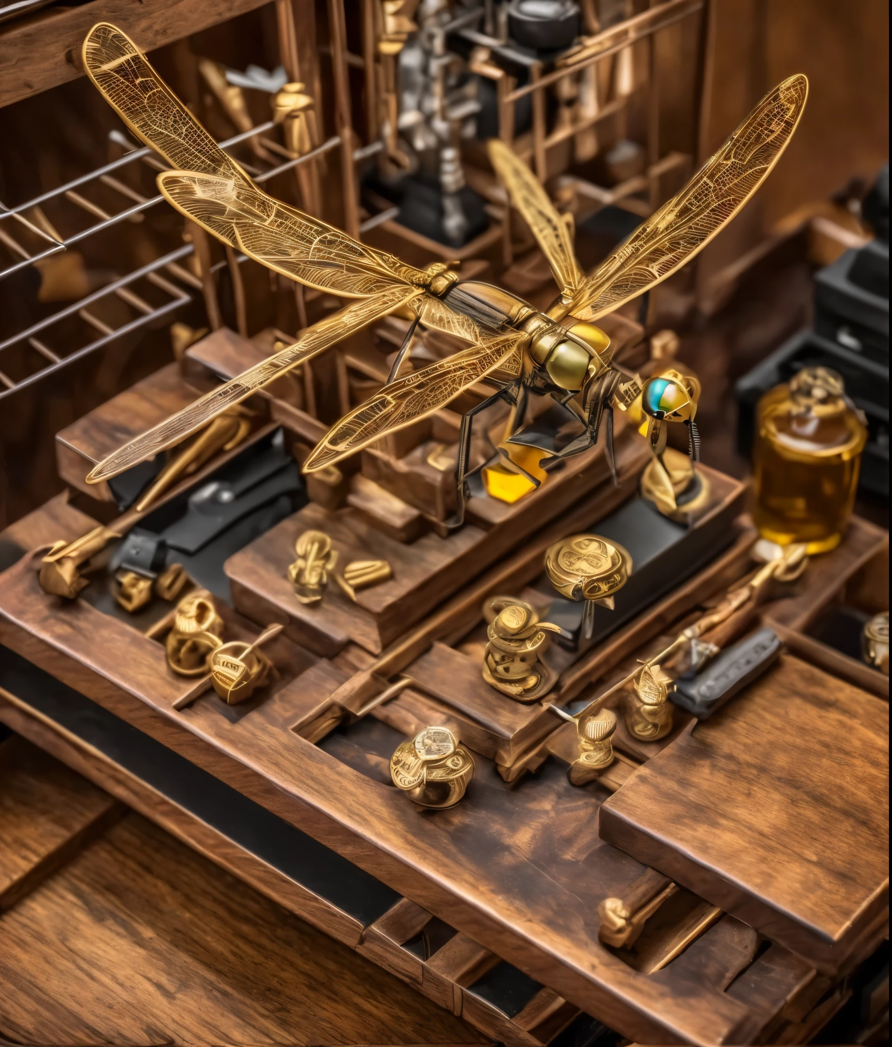 Golden steampunk style automaton dragonfly, sitting on a wooden work bench surrounded by tools, little hammers, springs, gears. --auto --s2