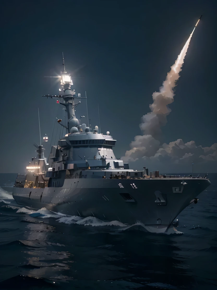 ((masterpiece、highest quality、genuine、Super detailed、High resolution、photogenuineistic、sharp focus、genuineistic photo、Live shooting、cinematic lighting))、modern style warship、Metallic gray color with blue details、Missile launch、genuineistic sea surface、perfect composition