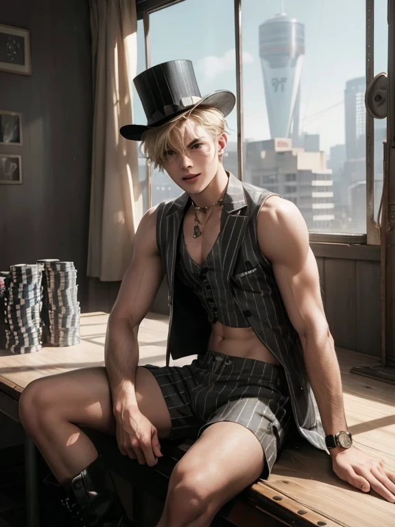 post-apocalyptic, playful open mouth smile anime boy late teen, blonde, one robotic arm, wavy short hair, light muscles, small top hat, crop top pinstripe sleeveless suit jacket, pinstripe dress shorts, high socks, boots, sitting on a large casino table with poker chips, looking at viewer, sunny lighting, large windows in background over looking wasteland, daytime