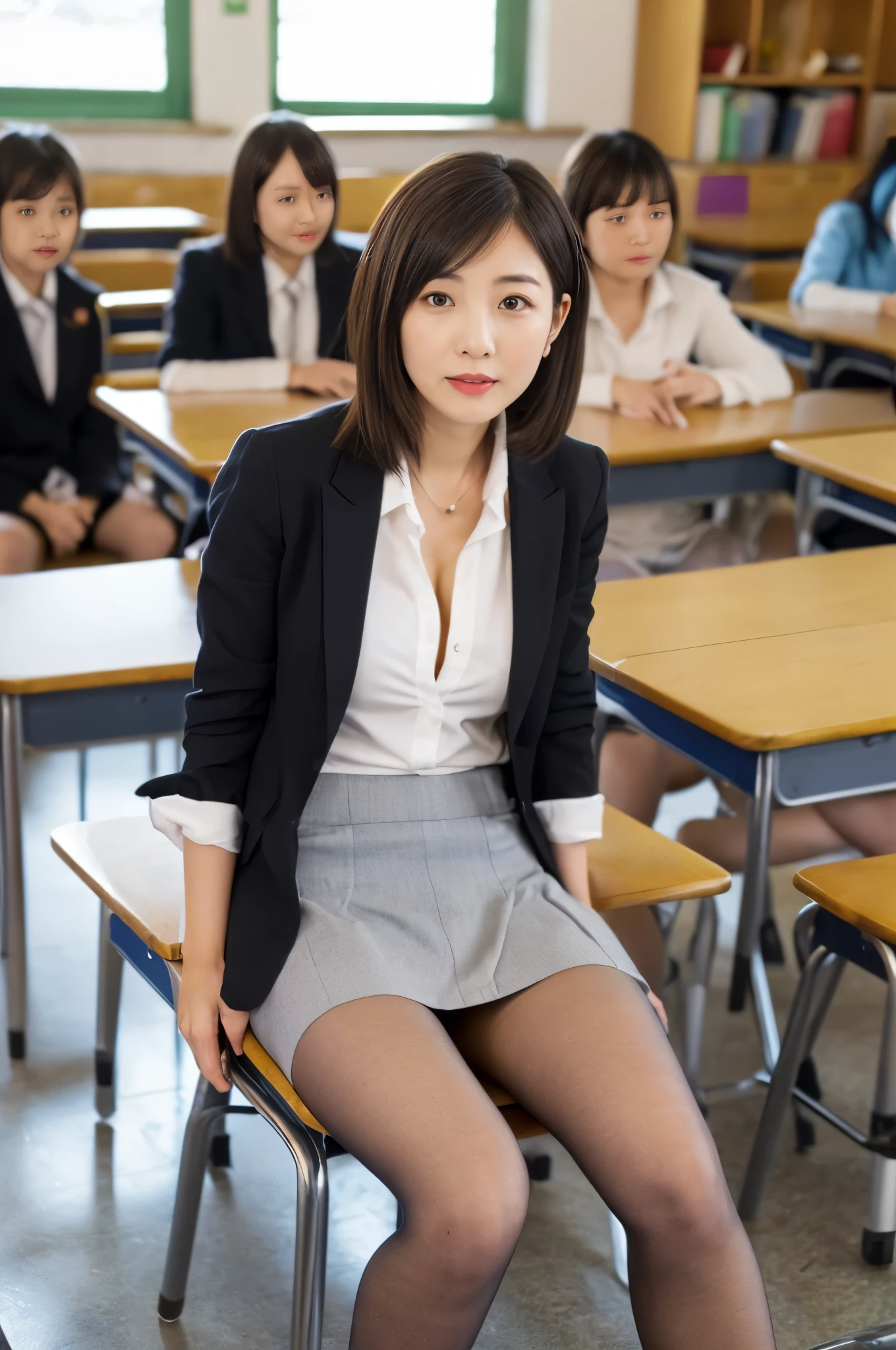 (best quality,8K,超detailedな:1.2),(shot from a distance，full body photo，from below，Japanese female teacher，stand at the podium in the classroom，Classes are continuing，pretty rude photo shoot，Behind the blackboard wearing black pantyhose and high heels，A close-up of the leg rest is small.),realistic skin,slim body shape, wearing a black suit, white shirt and gray tight skirt, reveals hints of cleavage, mature woman,35 years old, with short black hair, my cheeks are red, lipstick, I have a mole on the corner of my left eye,(master piece),(hyper hd:1.0),(detailed, That&#39;s excellent, exquisite),(high school classroom),(8K, best quality)、Panty shot、((Open your legs to show your panties:1.5))、((Sitting on a chair and opening legs:1.5))、mini skirt、from belowのアングル