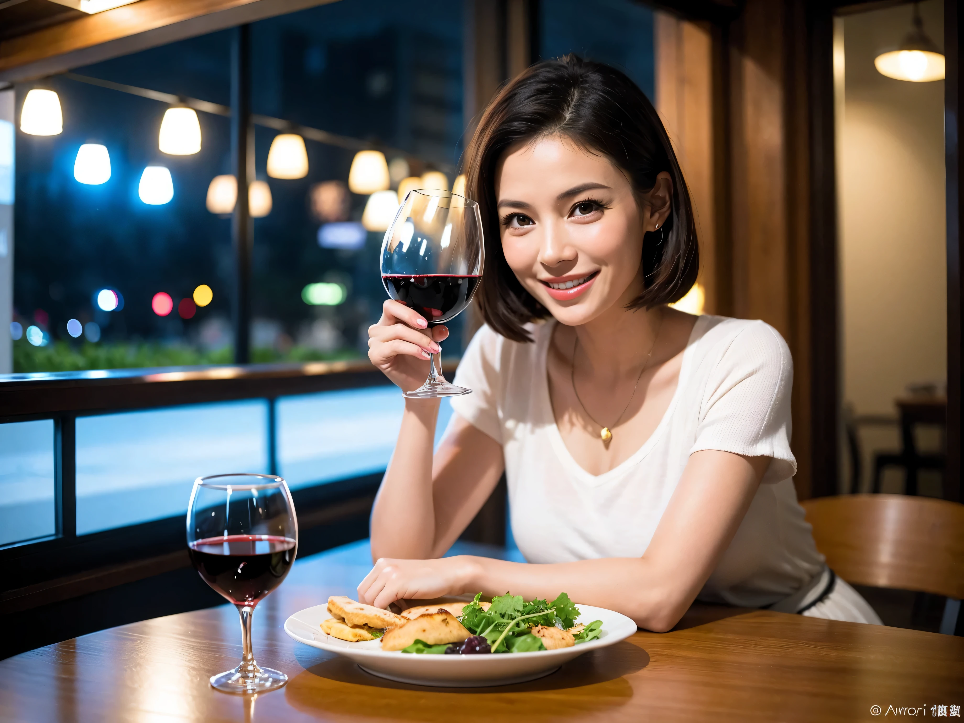 (64k uhd, nffsw, of the highest quality, masutepiece: 1.2), (Realistic, Photorealistic: 1.37), Pretty Woman 1, (Slim Face), (slimボティ), (Brown hair), (short-cut), Italian、Spaniard、Dutchwoman、Americana、japanerenchman、cute,cheeks blush a little, (40 years old), 38 years, Solo, A beautiful and detailed night view spreads out outside the window........., restaurant, wine glassesに座って, At night, In a prominent place (from waist up) NovaFrogStyle, actress, Model, waist-up, white wine, slim, wine glasses, Super clean night view, 真ん中に置かれたwine glasses, Happy smile, (Smile: 1.15), Beautiful fine eyes, Upper body, Bust Japan Up, Night, Short, Short, actress, Model, waist-up, white wine, slim, wine glasses, Super clean night view, 真ん中に置かれたwine glasses, Happy smile,