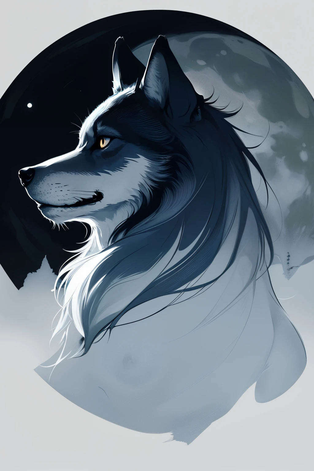 A moon whose marks and shades resemble the silhouetted profile of a wolf's head on its face, pareidolia.