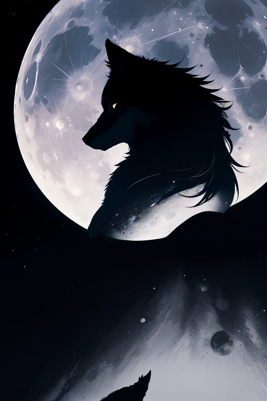 A moon whose marks and shades subtly call to mind the silhouetted profile of a wolf's head