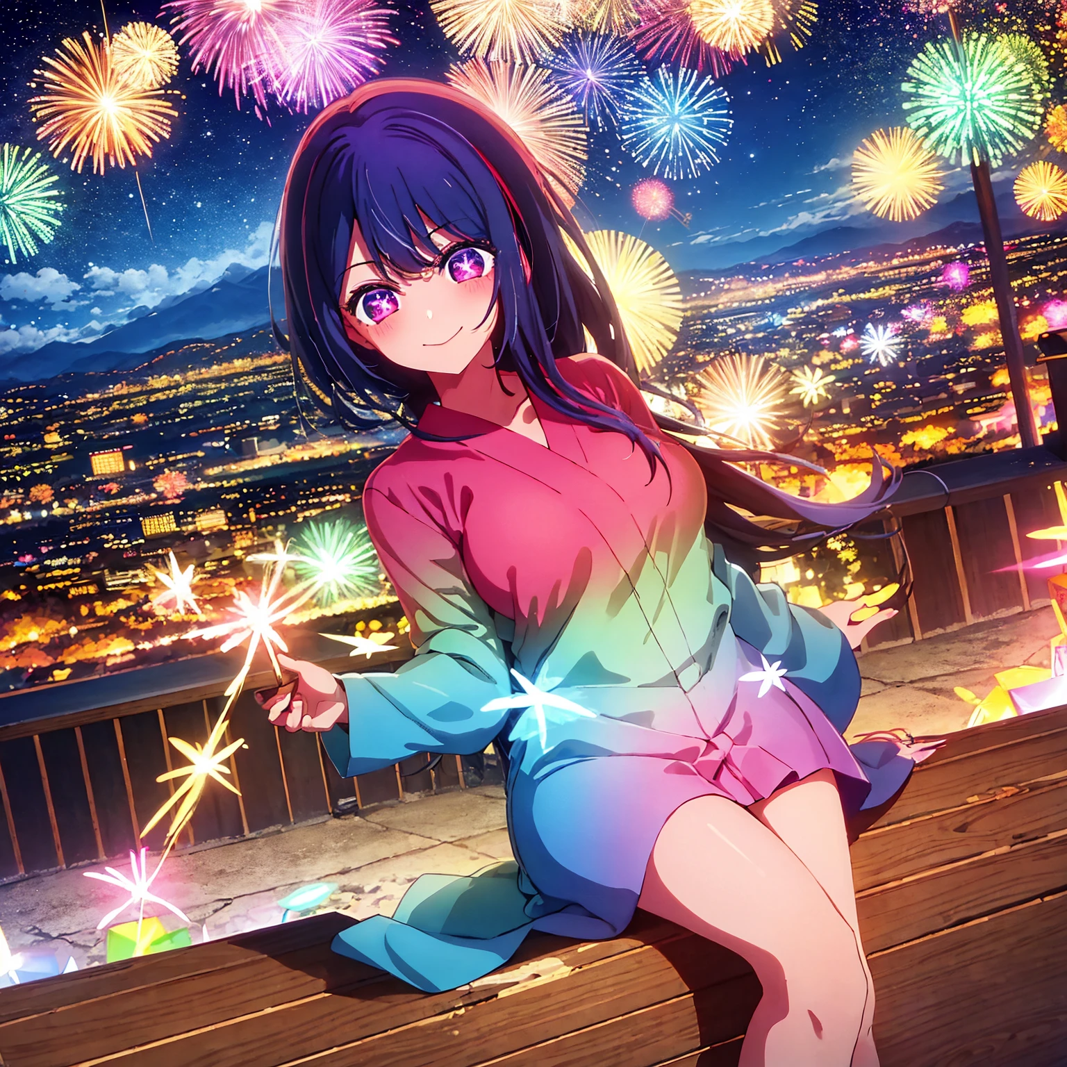 A teenage girl, in yukata, whole body, nightsky, fireworks in the sky, clear face, spring festival background, masterpiece, super detail, epic composition, ultra HD, high quality, extremely detailed, official art, super detail, 32k, big breast, smile