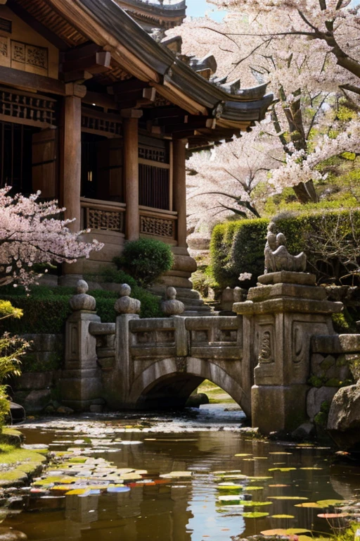 absurd, highres, ultra detailed, beautiful, masterpiece, best quality,Ancient temples, lush gardens, bright colors, quiet ponds, traditional architecture, cherry blossoms