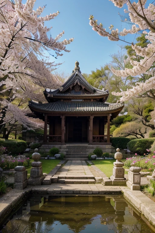 absurd, highres, ultra detailed, beautiful, masterpiece, best quality,Ancient temples, lush gardens, bright colors, quiet ponds, traditional architecture, cherry blossoms