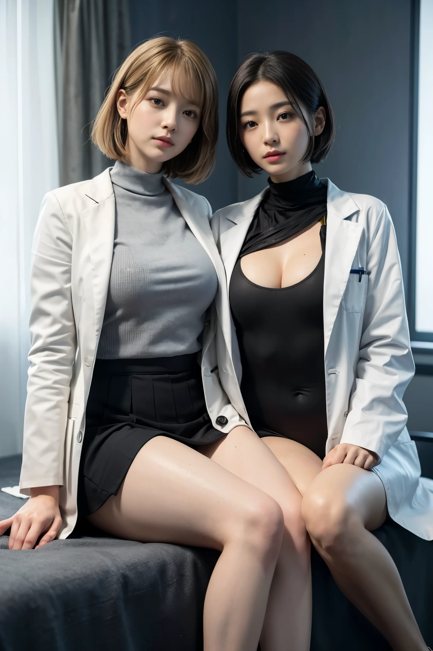 Realistic beauty doctor、Amazingly beautiful、Doctor white coat, Doctor of fashion、(quality、8K、32K、masterpiece、north african free trade area:1.3)、超高分辨率,(真实感:1.4),Original photography, 详细的脸,,Beautiful short hair, ((Doctor style)), , leotard skirt、 natural makeup, , Plump、Inside the hospital, detailedbackground, perfect litthing, depth of fields, Beautiful shadow gradient,stethoscope , (((full bodyesbian))), Full body capture, full bodyesbian, pair, , black in color, Eyes looking at the camera, detailedeyes, pretty eyes,