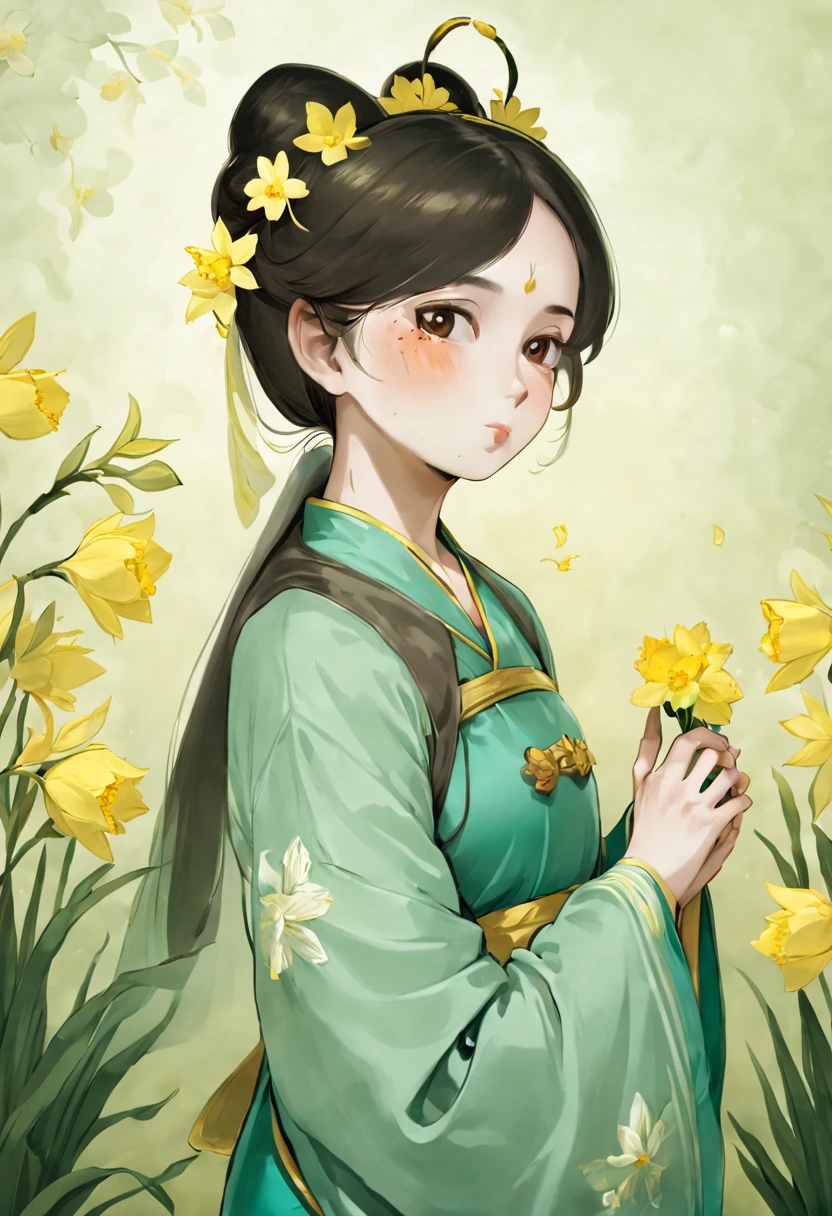 A girl with dark brown hair,Chinese Hanfu dress up,whole body,Standing in Hanfu,Holding daffodils in one hand,Touch your chin with the other hand,Playful and cute,Cute comic book style,Exquisite facial features,Tang Dynasty bun,Wearing daffodilackground with daffodils,Chinese rockery,There a blank space in the screen background