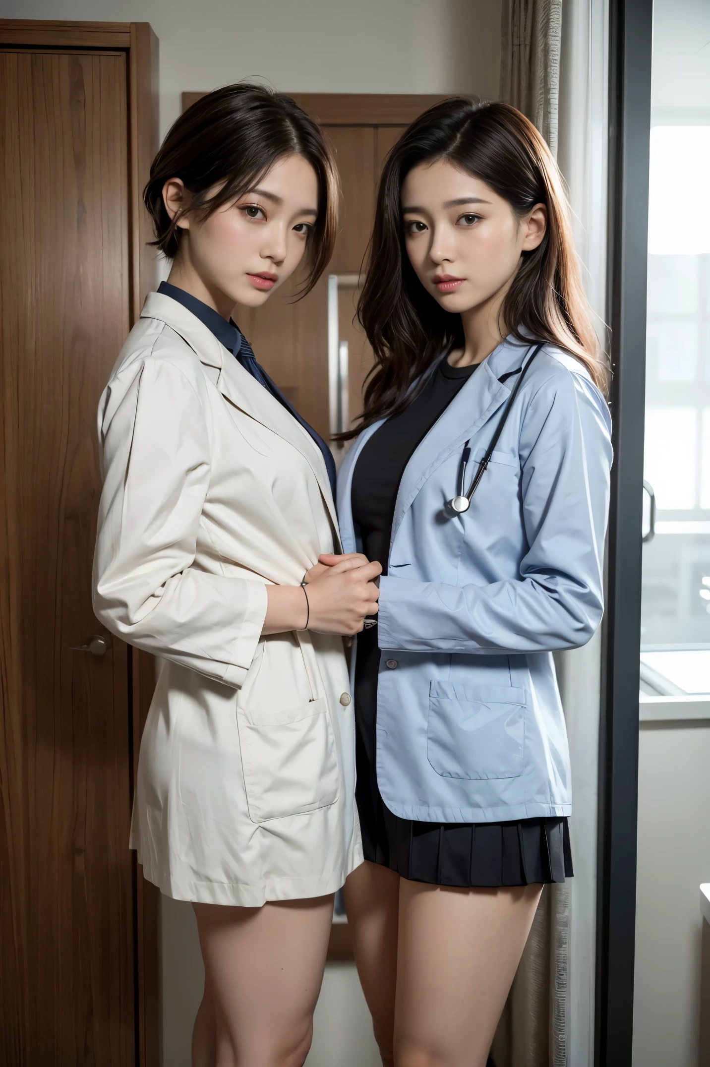 Realistic beauty doctor、Amazingly beautiful、Doctor white coat, Doctor of fashion、(quality、8K、32K、masterpiece、north african free trade area:1.3)、超高分辨率,(真实感:1.4),Original photography, 详细的脸,,Beautiful short hair, ((Doctor style)), , leotard skirt、 natural makeup, , Plump、Inside the hospital, detailedbackground, perfect litthing, depth of fields, Beautiful shadow gradient,stethoscope , (((full bodyesbian))), Full body capture, full bodyesbian, pair, , black in color, Eyes looking at the camera, detailedeyes, pretty eyes,