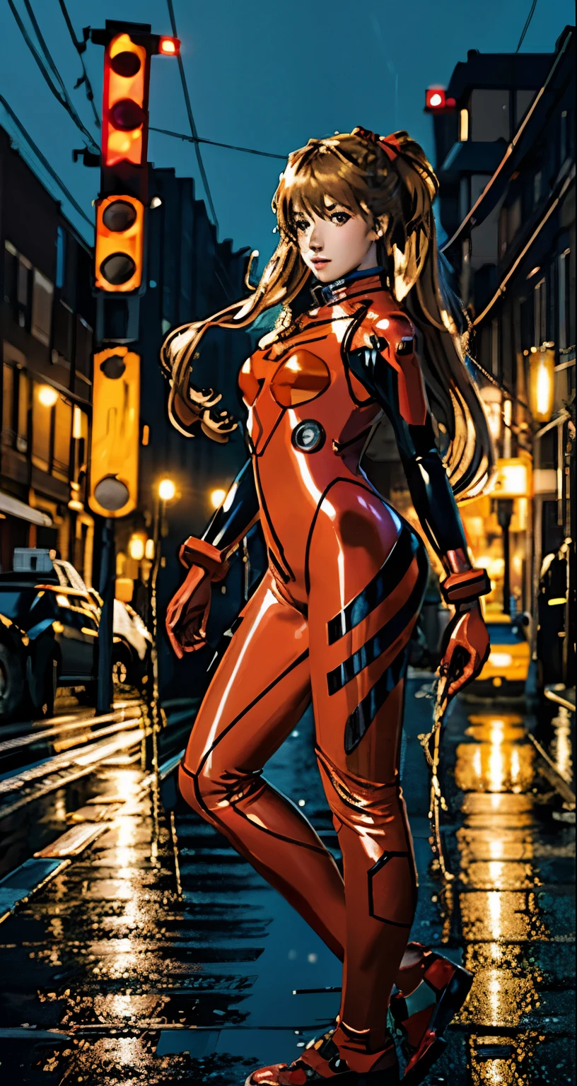 best quality, masterpiece, realistic, photorealistic, 1girl, solo, looking at viewer, full body, standing, long hair, asuka cosplay costume, cosplay, plugsuit, bodysuit, hair ornament, detailed background, in street, night, light, rain,