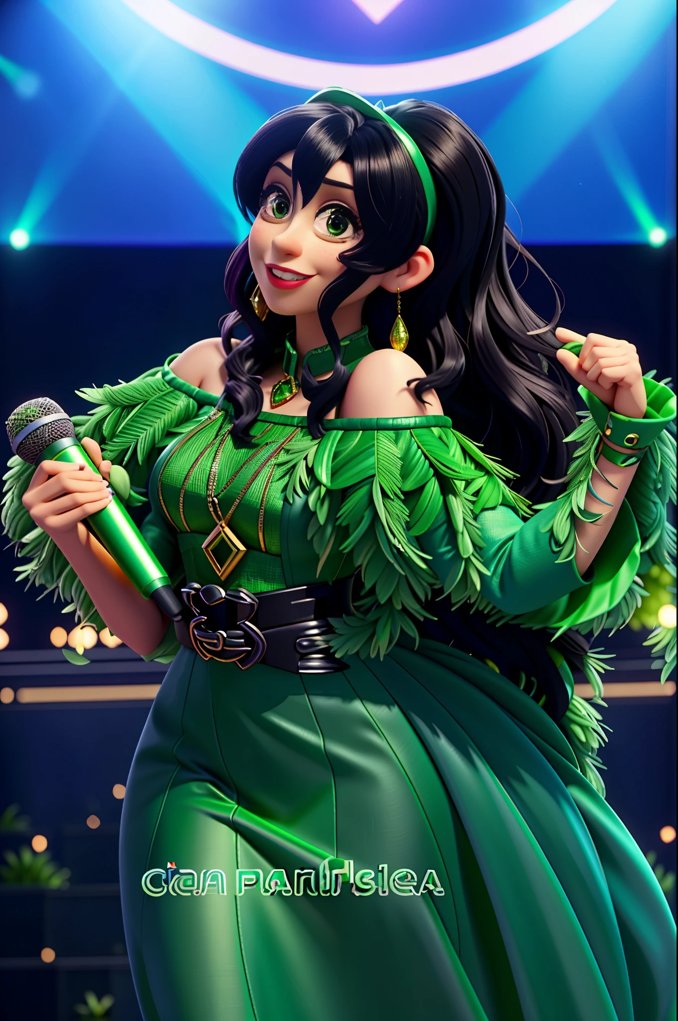 arafed woman in green dress holding a microphone and smiling, she wears a dark green dress, green dress, charli xcx, performing on stage, cardi b, candid shot, portait of haifa wehbe, cindy avelino, fan bingbing, green clothes, very details, close up details, full body green dress, jia, awarding winning, on stage