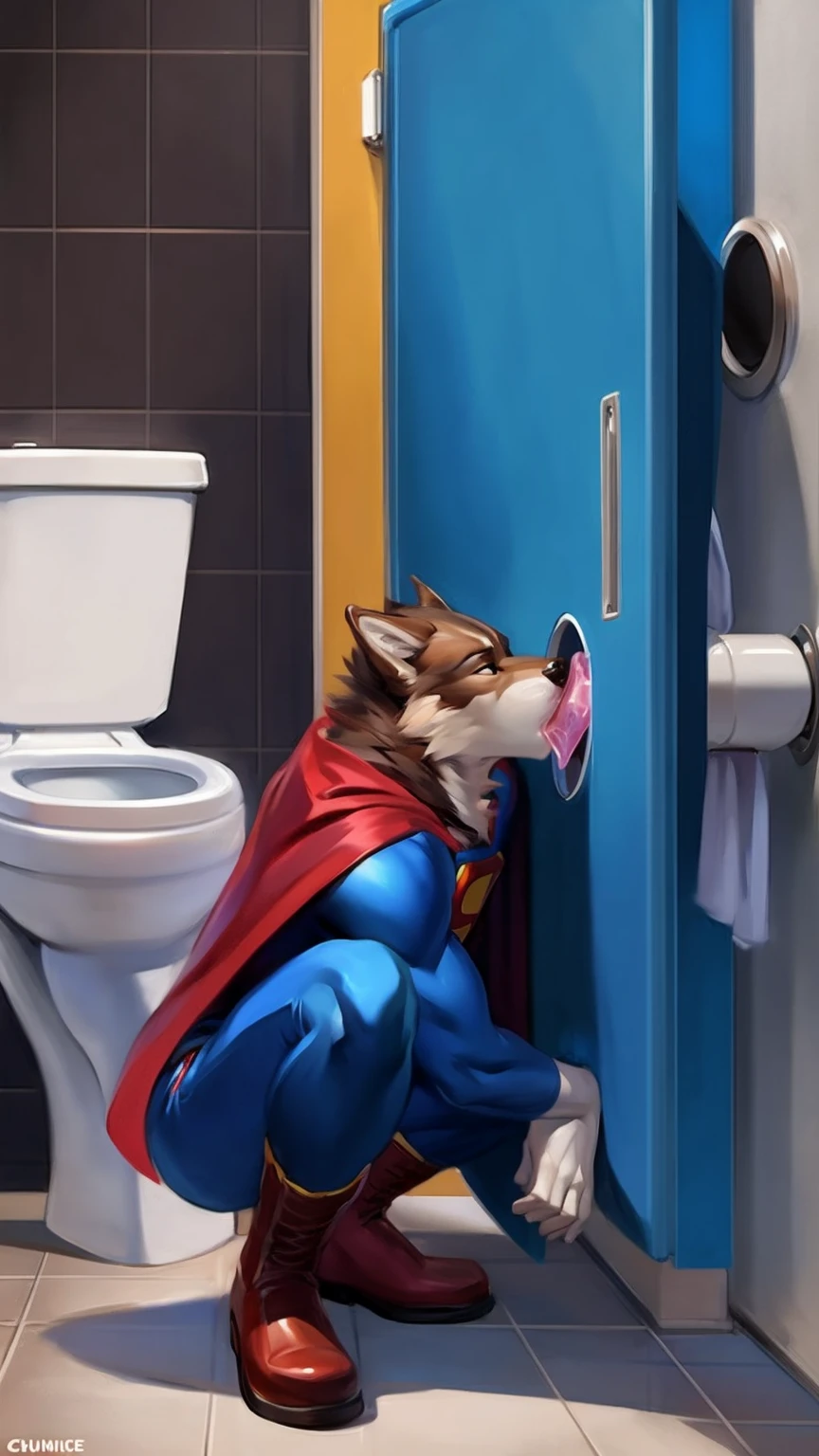 4k resolution a thin brown wolf wearing blue Superman spandex costume, red speedo, red boots, red cape, crouch down and sucking a penis  covered condom from a glory hole, at a toilet cubicle, by chunie