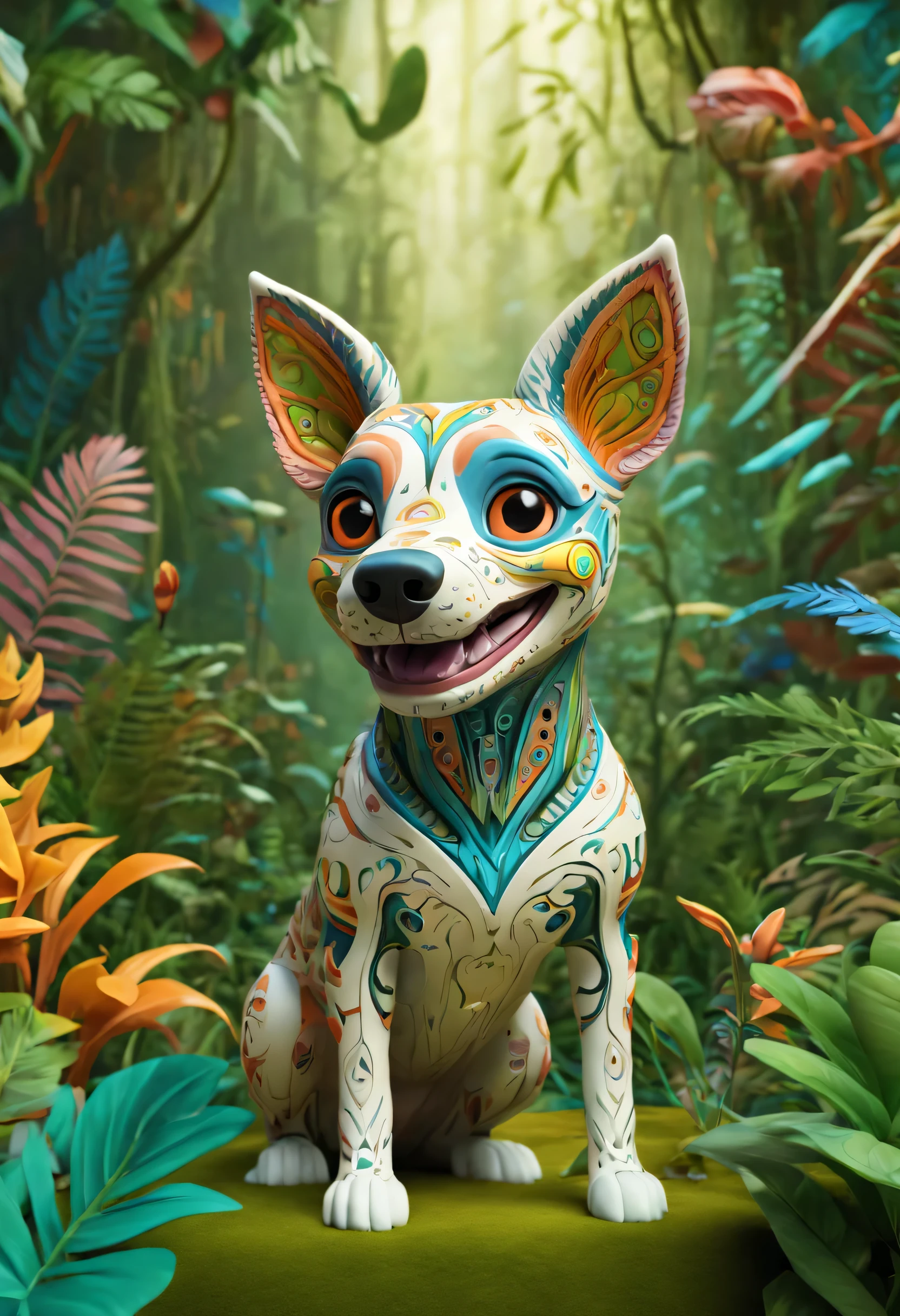 Future genetic engineering will incorporate living organisms like cute dog with a smile into its work of art, Covered by fauna, flora. Alebrije, looking at camera, Masterpiece, hyper HD, Axonometric view, avatar like jungles.
