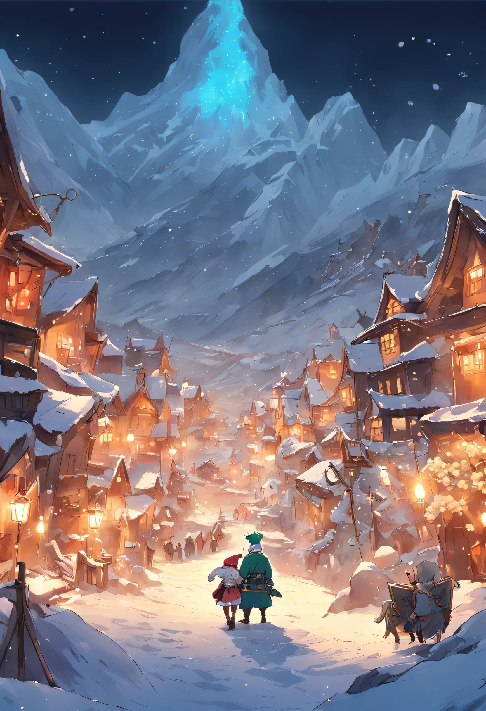 "*image*: Charming landscapes of snowy plateaus and charming villages illuminated by colorful lights. Two playful elves wearing sunglasses and pirate hats happily built a giant snowman."
