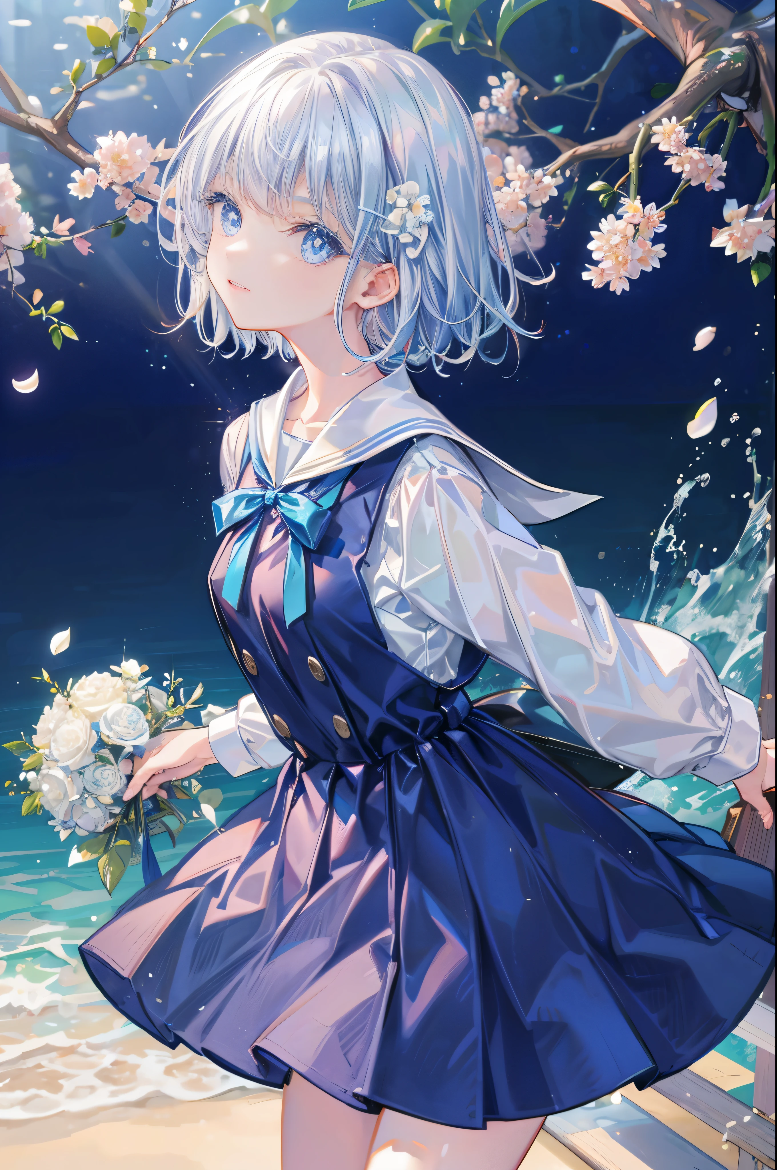 masterpiece，best quality，1 girl，(white) short hair，blue eyes，Uniforms，small breasts，Thin，flowers