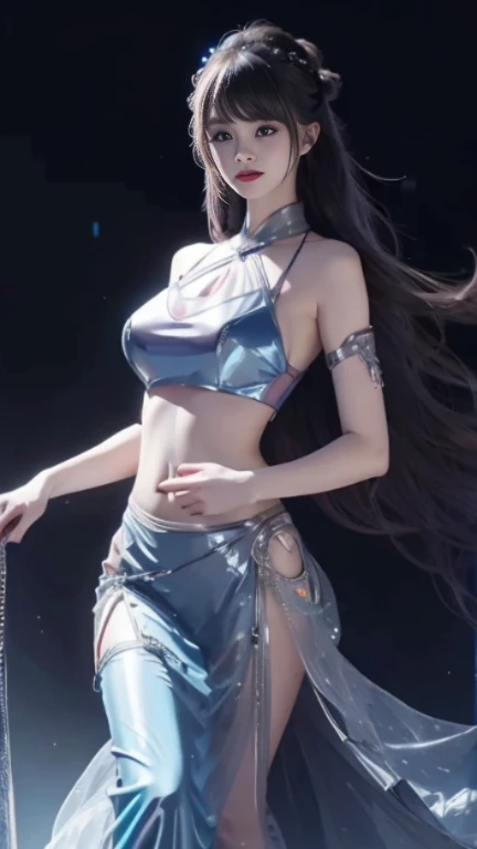 Fingers in navel，Cover your tummy with your handleeding from the stomach，Injuried，Belly button bleeding，bleeding from the corners of her mouth，fighting stance，4K Ultra HD, masterpiece, high detail, a girl, cute face, delicate eyes, long hair, blue neon lights on dress, Cyberpunk battle suit, blue neon lights connected on dress, neon lights, belly, Propagating light, light reflection, light reflection on road, light reflection, everywhere Propagating lights, neon lights, Full body capture
