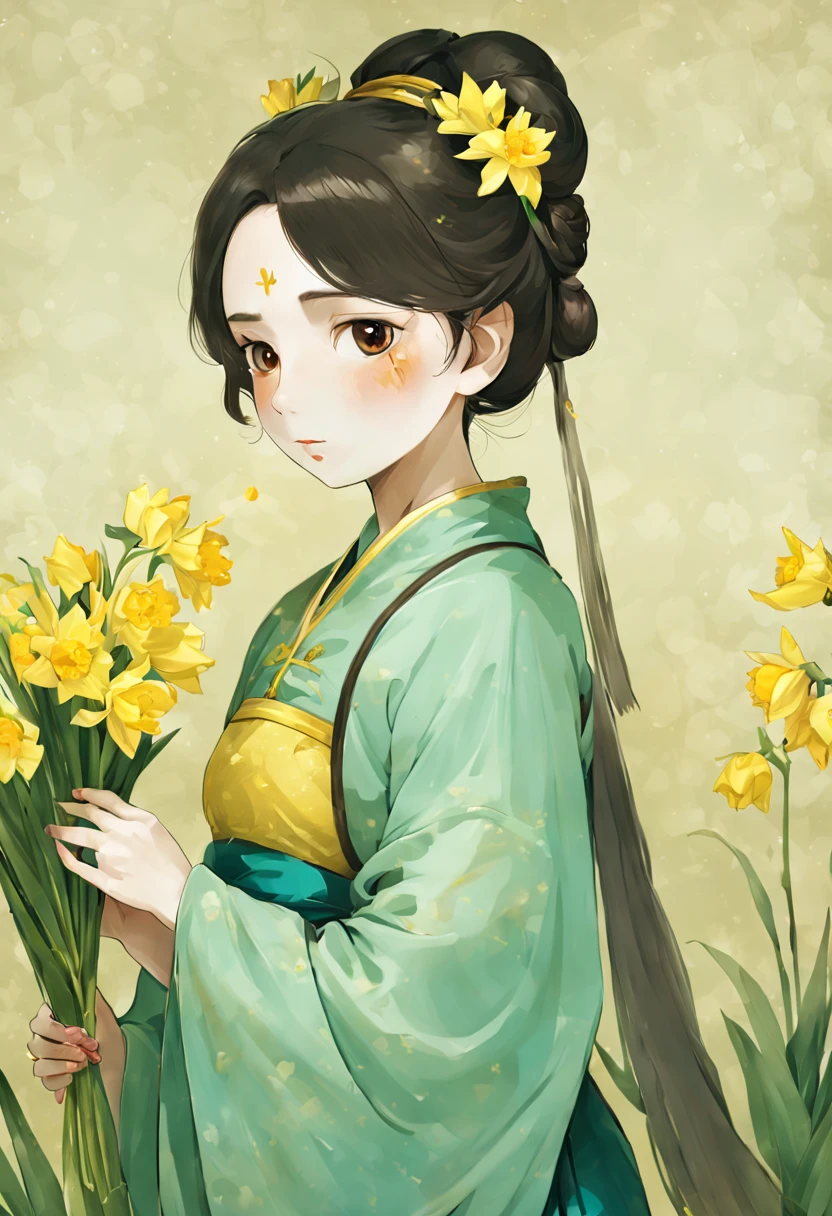 A girl with dark brown hair,Chinese Hanfu dress up,full body portrait,Standing in Hanfu,Skirt mopping,Holding daffodils in one hand,Touch your chin with the other hand,Playful and cute,Cute comic book style,Exquisite facial features,Wearing ancient hair bun,Wearing daffodilackground with daffodils,There a blank space in the screen background