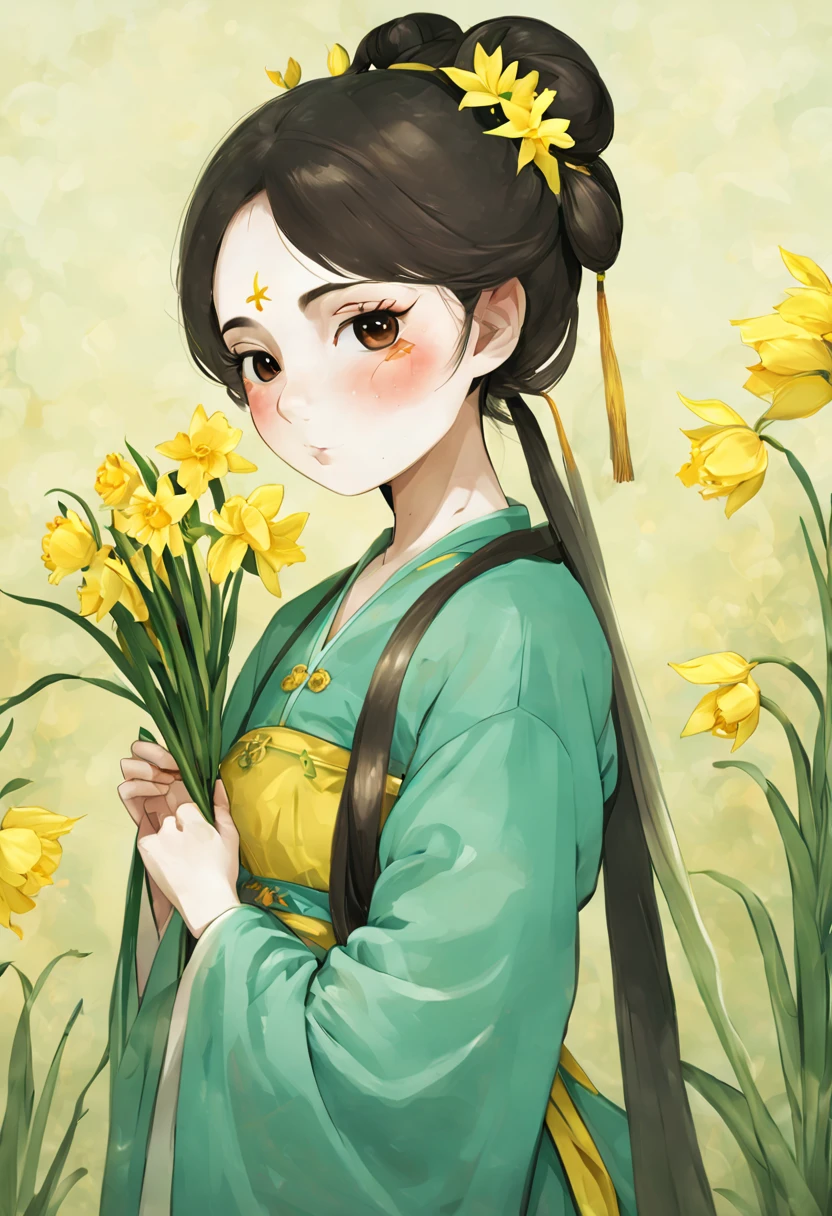 A girl with dark brown hair，Chinese Hanfu dress up，full body portrait，Standing in Hanfu，Skirt mopping，Holding daffodils in one hand，Touch your chin with the other hand，Playful and cute，Cute comic book style，Exquisite facial features，Wearing ancient hair bun，Wearing daffodilackground with daffodils，There  a blank space in the screen background