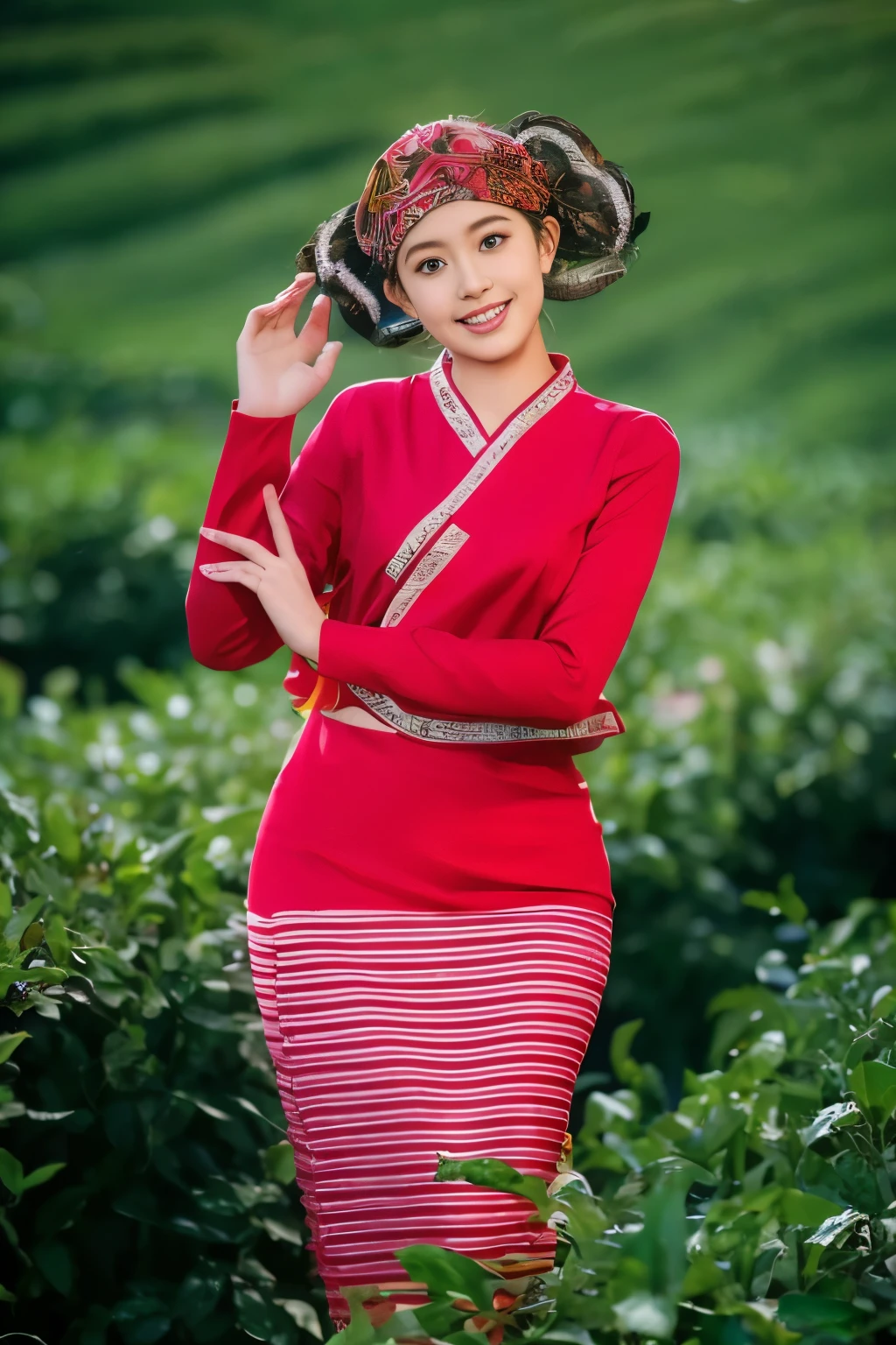 (best quality,4k,8k,highres,masterpiece:1.2),ultra-detailed,(realistic,photorealistic,photo-realistic:1.37),clear lines,light and dark photography,canon photography,crystal clear,detailed eyes and lips,beautiful woman,Tai dress,Shan dress,traditional dress,slim fit dress,Pretty Buttocks, long Hair, Instagram Pattern Pose, standing cute pose, confident, slim girl, big tits:1.2, perfect anatomy, perfect symmetry:1.2, Realistic, realistic face:1.3, perfect face, content, confident, very detailed, and dramatic, cinematic lighting, Lighting scene, soft lights
graceful movement, full body photography, (((masterpiece :1.5))), vibrant colors,exquisite embroidery,detailed patterns,graceful posture,serene expression,natural lighting,rich textures,depth and dimension,warm color tones,gorgeous background scenery,beautiful garden,floral elements,fine brushstrokes,artistic composition,natural poses,photogenic,model-like appearance, full body photography, photorealistic ...