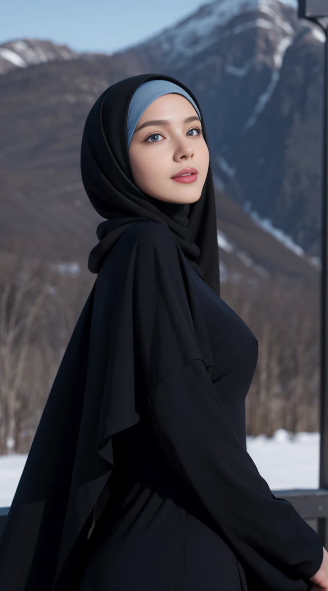 8K, Top Quality, Intricate Details, Ultra Detail, Ultra High Resolution, Masterpiece, random angle, Slender, Smile, (Makeup: 0.4), (Fluffy Blue Eyes: 1.21), blue Eyes, looking back, ((full body)), 1girl, solo, 1 girl, (( full body)), close up shot, , ((tall)), (((fit body))), (((slim face))), sharp face, sharp eyelack hair, long hair, )) (detailed face), sharp face, small lips,
((hijab, Abaya)), detailed face, detailed breast, , large breast, detail ass, round ass , Beautiful girl with accentuated slender abs: 1.4, Six Pack Abs: 1.4, Bust Botox, Big, Perfect Body, detail leoonlight)), top of mountain