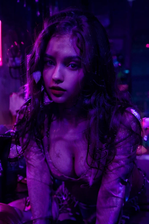 Busty brunette with wavy dark hair crawling toward camera. She has pale skin and red lipstick. She is eager to please. Nighttime with multiple neon lights from different spots in the darkened room. A sultry vibe.