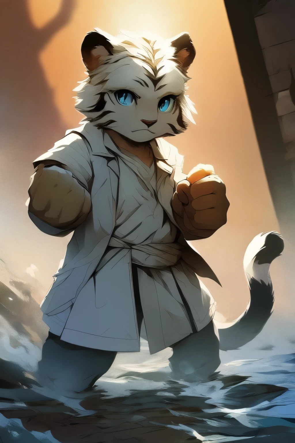 The streets of London at the beginning of the twentieth century，White tiger，boy，White hair，Wearing a gray trench coat，Bright morning sun，Bright and smart eyes，splash art，fist fighting stance（A masterpiece）（high quality）（clear structure）（Clear lineackground of extreme detail）