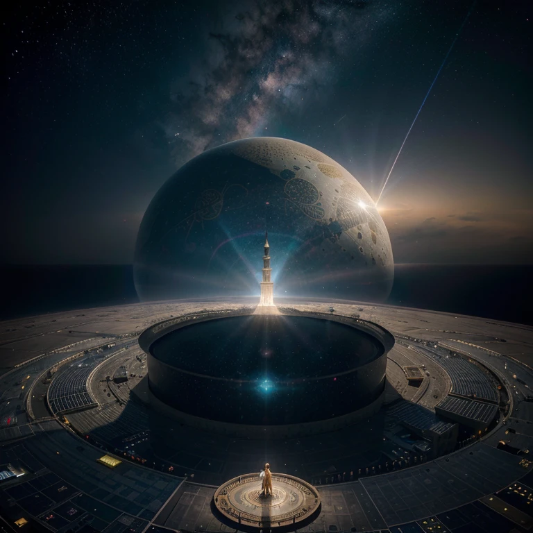 Picture a majestic mosque suspended amidst a swirling nebula, its dome shimmering with constellations instead of stars. The muezzin's call to prayer echoes through the cosmos, inviting celestial beings to join in worship. Astronauts performing salat float gracefully in zero gravity, their spacesuits adorned with calligraphic symbols. This photo could symbolize the universality of Islam, its message transcending earthly boundaries and resonating with the mysteries of the universe.