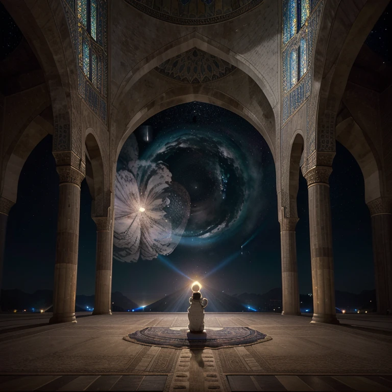 Picture a majestic mosque suspended amidst a swirling nebula, its dome shimmering with constellations instead of stars. The muezzin's call to prayer echoes through the cosmos, inviting celestial beings to join in worship. Astronauts performing salat float gracefully in zero gravity, their spacesuits adorned with calligraphic symbols. This photo could symbolize the universality of Islam, its message transcending earthly boundaries and resonating with the mysteries of the universe.