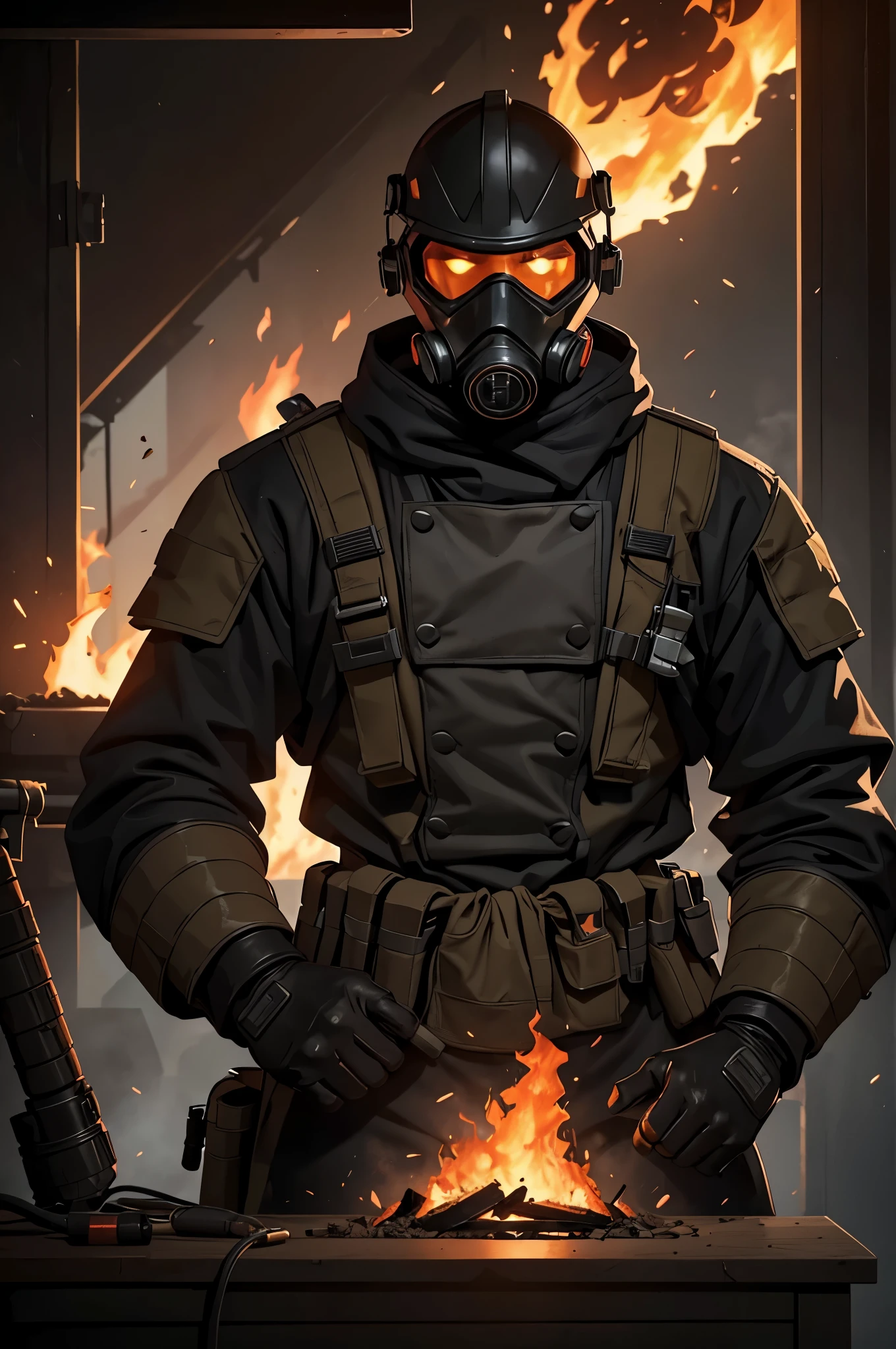 Corporal Jackson Cole is a formidable flamethrower trooper, donning a menacing gas mask and fireproof armor for hazardous missions. Standing at 6'0" with a solid, imposing build, Jackson's presence commands respect and instills confidence in his teammates. His sharp, piercing eyes behind the gas mask exude focus and determination, reflecting his unwavering commitment to containing and neutralizing threats in volatile environments. Equipped with a cutting-edge flamethrower unit, designed for precise and controlled fire manipulation, Jackson demonstrates expert proficiency in fire containment and strategic deployment, making him an indispensable asset in high-risk operations. Beyond his role, Jackson is known for his unwavering dedication to fire safety education and advocating for proactive measures to prevent dangerous incidents. In his leisure time, he enjoys studying fire dynamics, honing his physical prowess through intense training, and engaging in community outreach programs to promote fire awareness and safety. He is wearing fireproof battle armor with the visor glowing orange