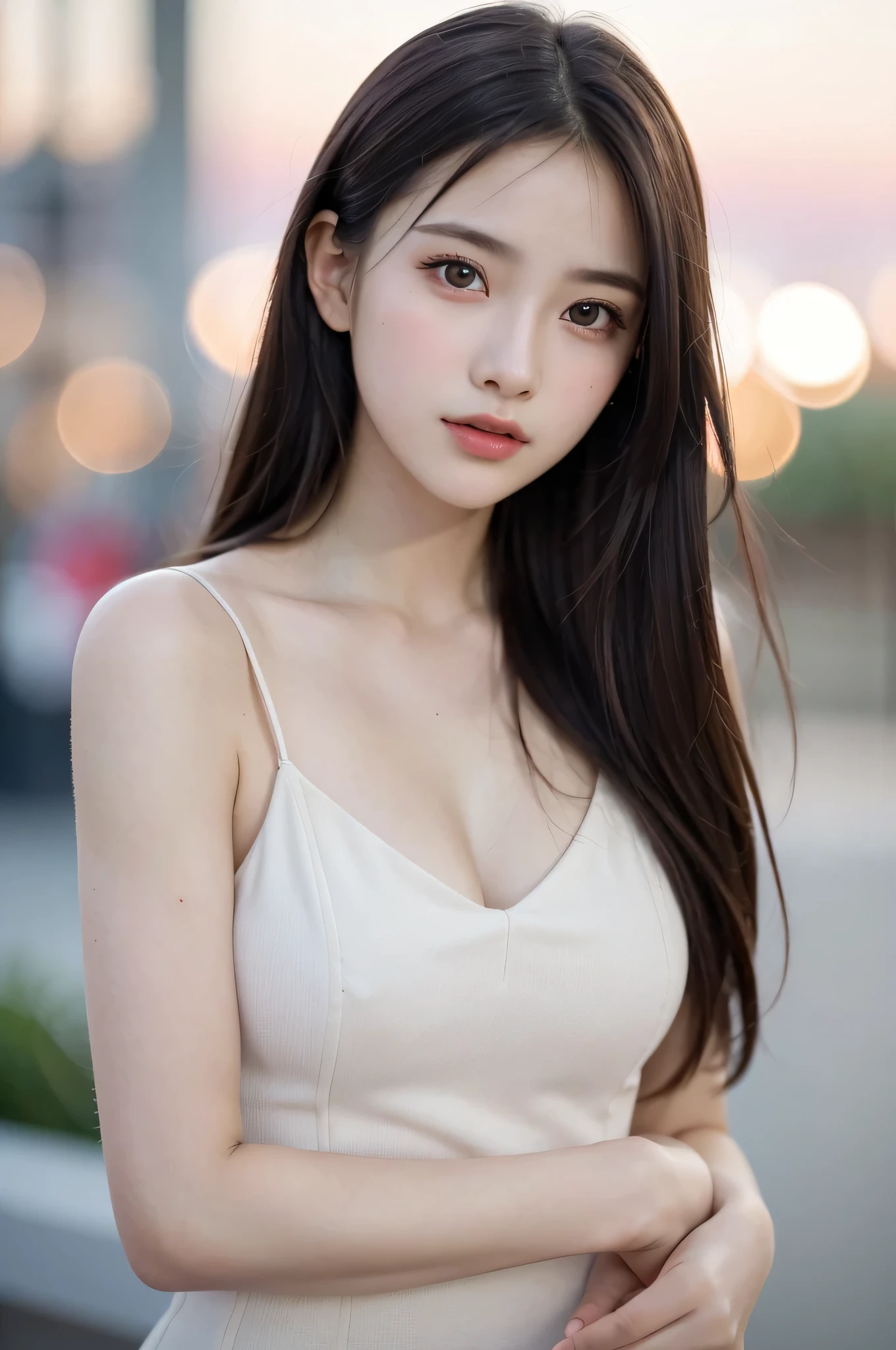 (best quality), (ultra-detailed), (llustration), (detailed light), (an extremely delicate and beautiful), ung girl, brown hair, brown eyes, model, bare shoulders, best quality, extremely detailed CG unified 8k wallpaper, High-definition raw color photos, professional photograpy, (((Bokeh))), depth of fields, twilight, sunset,