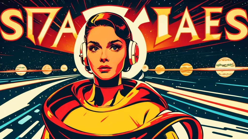 Vector image for science fiction movie t-shirt print in 50's female face style, 60's old movie style images, An image with a white background, Stylized image highlights of 50's space movies and their looks Retro Vintage Stylish 70's City Pop Modern Poster Anime Colorful Space Futuristic Women High Quality