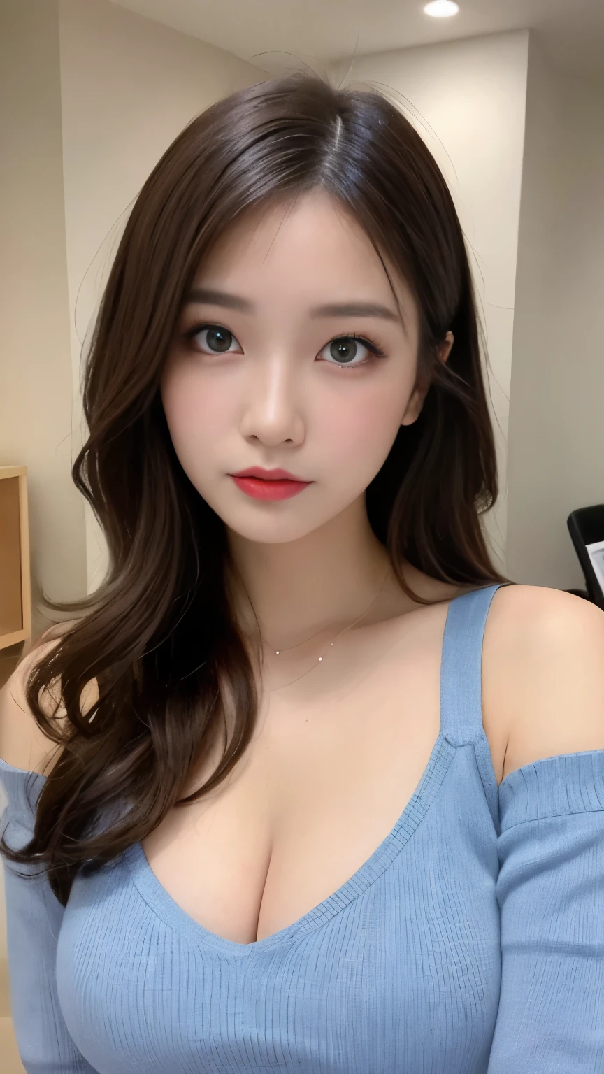 table top, highest quality, figure, super detailed, finely, High resolution, 8k wallpaper, 完璧なダイナミックな構figure, beautiful and fine eyes, (Change your eye color to baby blue:1.3), natural lip, long eyelashes, The makeup is dark, sexy knit dress , big breasts, cleavage, random sexy pose, whole body