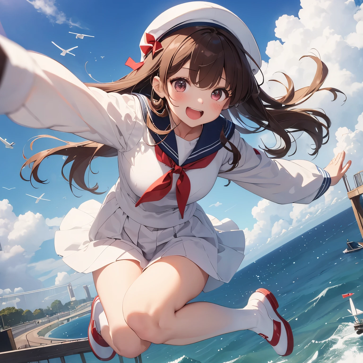 A girl wearing a white long-sleeved sailor suit、 Brown long hair、red ribbon eyes、cute、no hat、jump、flying in the sky、Fly through the sky、fun、laughter、Laugh with a big mouth、from head to foot、espadrilles、