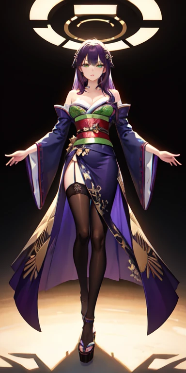 ((best quality)), ((masterpiece)), (detailed), perfect face , full body anime picture of a green eyed purple haired fashion designer , green eyes , purple hair , off-sleeve kimono . pantyhose , purple kimono , gown , french gown , sleeveless , strapless , winglike sleeves , hidden arms , hidden hands , sleeves that hide the hands , mache , corset