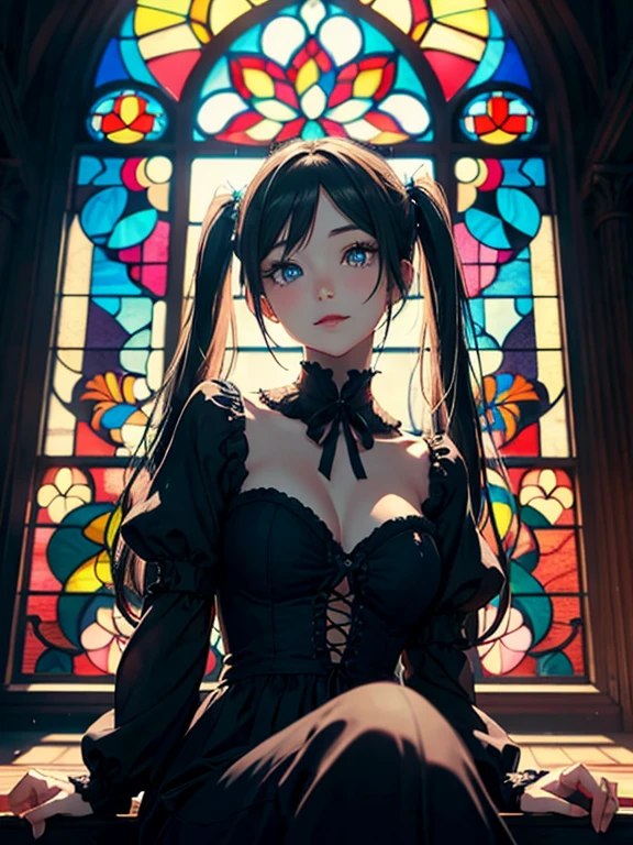 ancient european civilization, very cute young girl vampire, twintails,  sun beams, sitting next to stained glass window, praying, long and straight black hair, blue eyes, gothic elegant dress, smile, blush, gothic cathedral, sun ray, detailed face, ((DETAILED PUPILS)), (HIGH DETAIL), ilyakuvshinov, rossdraws, tom bagshaw, alphonse mucha, global illumination, detailed and intricate environment, 
