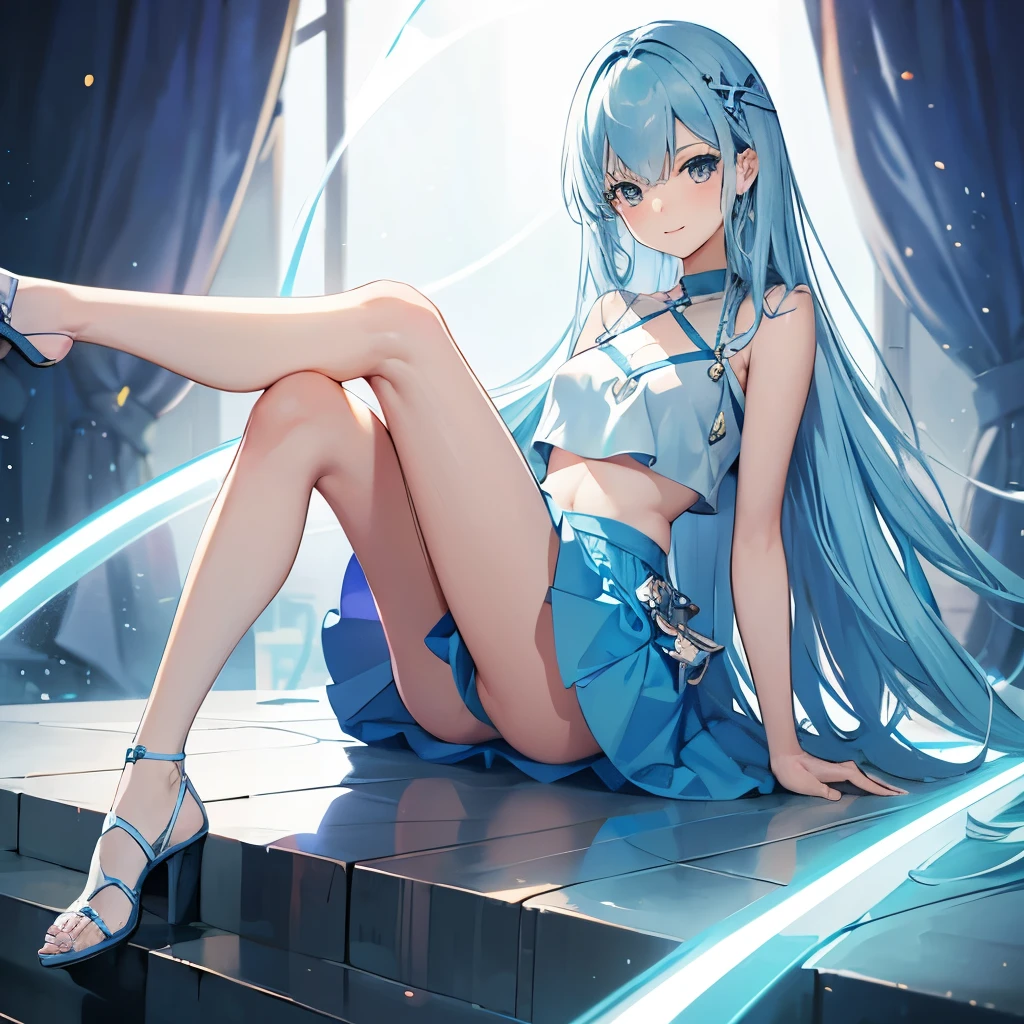 A cute girl, skinny, smile, crop top dress, light blue dress, light blue hair, short skirt, sitting, legs crossed, beautiful face, high res, long hair