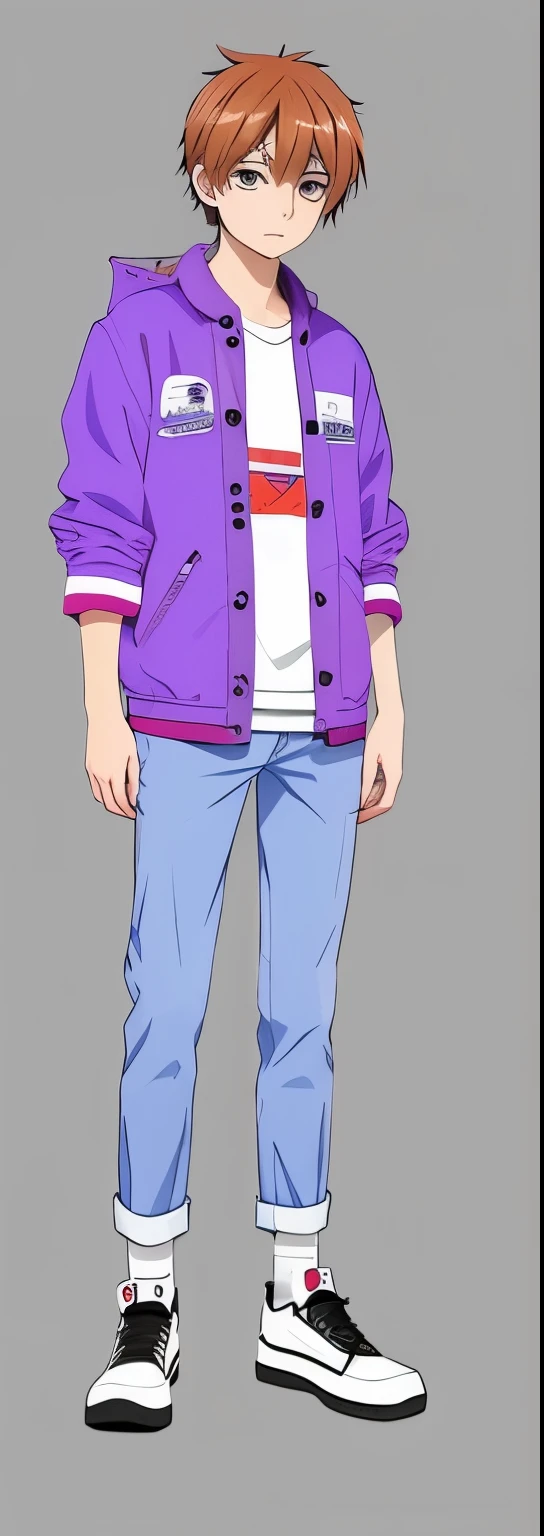 Anime boy wearing purple jacket and blue jeans with camera, unrealistic character concept, full body single character, rotoscoped, full body details, Single character whole body, Harry Walker clip art style, zoomed out full body, full body character, full body character portrait, full body shot hyperdetailed, full body portrait, full body illustration, realistic character concept