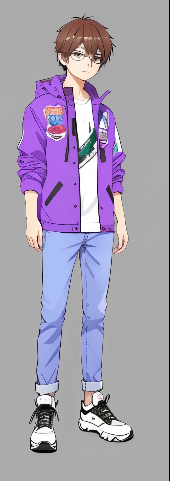 Anime boy wearing purple jacket and blue jeans with camera, unrealistic character concept, full body single character, rotoscoped, full body details, Single character whole body, Harry Walker clip art style, zoomed out full body, full body character, full body character portrait, full body shot hyperdetailed, full body portrait, full body illustration, realistic character concept