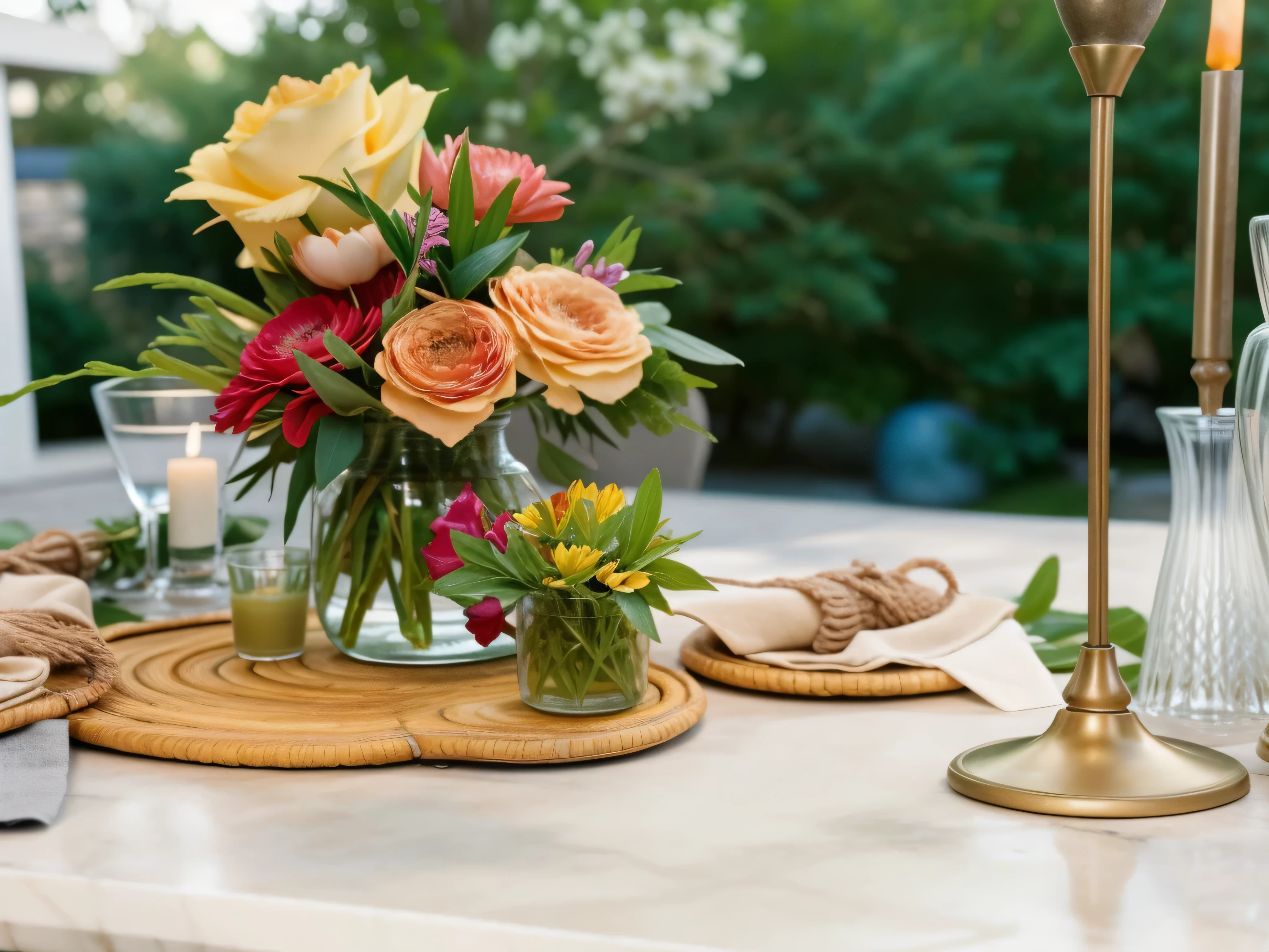 There有一张桌子,There'A vase,There a candle on it, focus on table, venue setting, Medium close-up composition, floral ornament, summer environment, Warm and joyful atmosphere, romantic atmosphere, decorated with flowers, There a cup on the table in front, night, romantic atmosphere, There are flowers and plants, Cigarette box on the table, outdoor countertop setup
