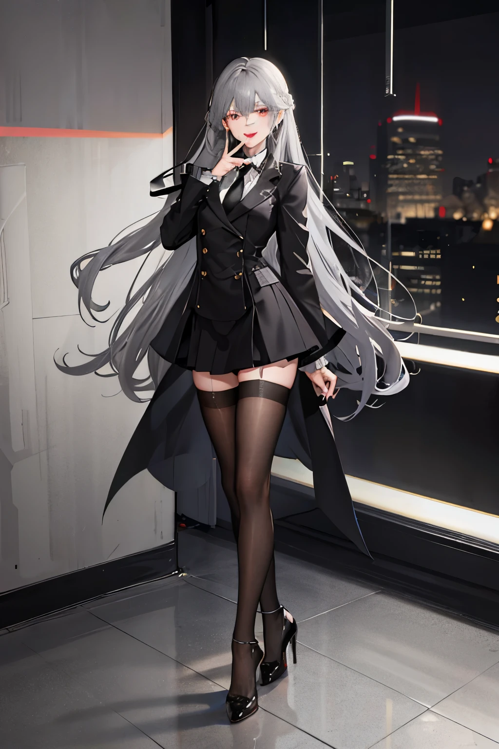 whole body, High heel, black stockings, correct limbs, correct finger, stand, slim girl, Located at the station, grey hair, black hair, long hair, eyeball, makeup, laughing, high detail, modern, ray tracing, stereogram, first-person view, high details, masterpiece, 1080P, highres